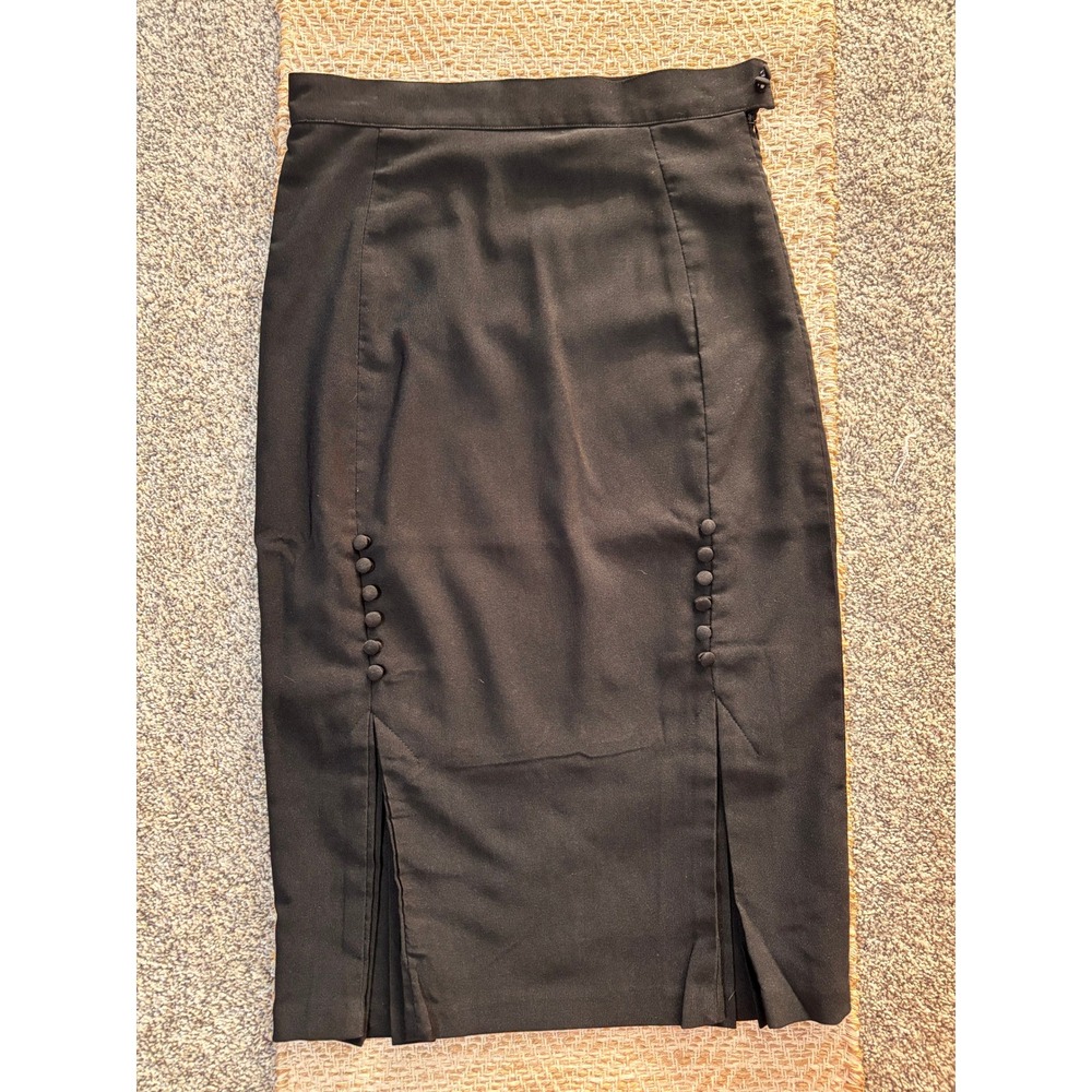Tatyana Black Pencil Skirt Front Kick Pleats Button Detail Vintage Style Small